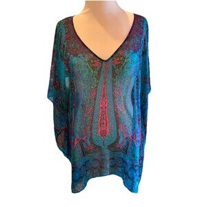 Lane Bryant Kimono Coverup Top Teal Pink Paisley 14/16 Semi-Sheer Resort Party